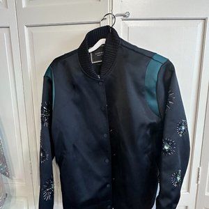 Scotch and Soda Satin Bomber Jacket w gem sleeves blue green Org. $370 Large NWT